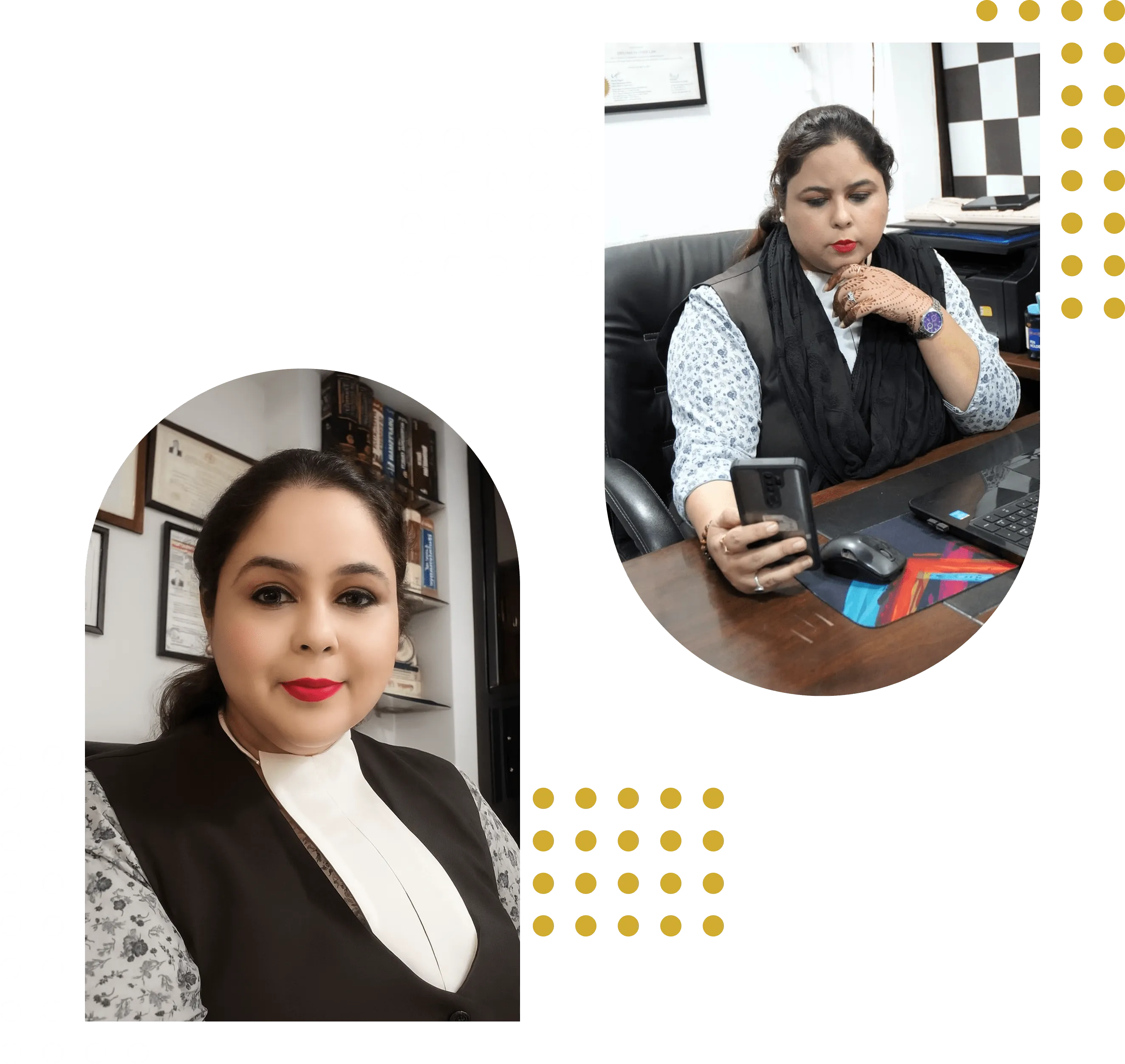 Advocate Shafak Bakali in her office wearing official lawyer outfit
